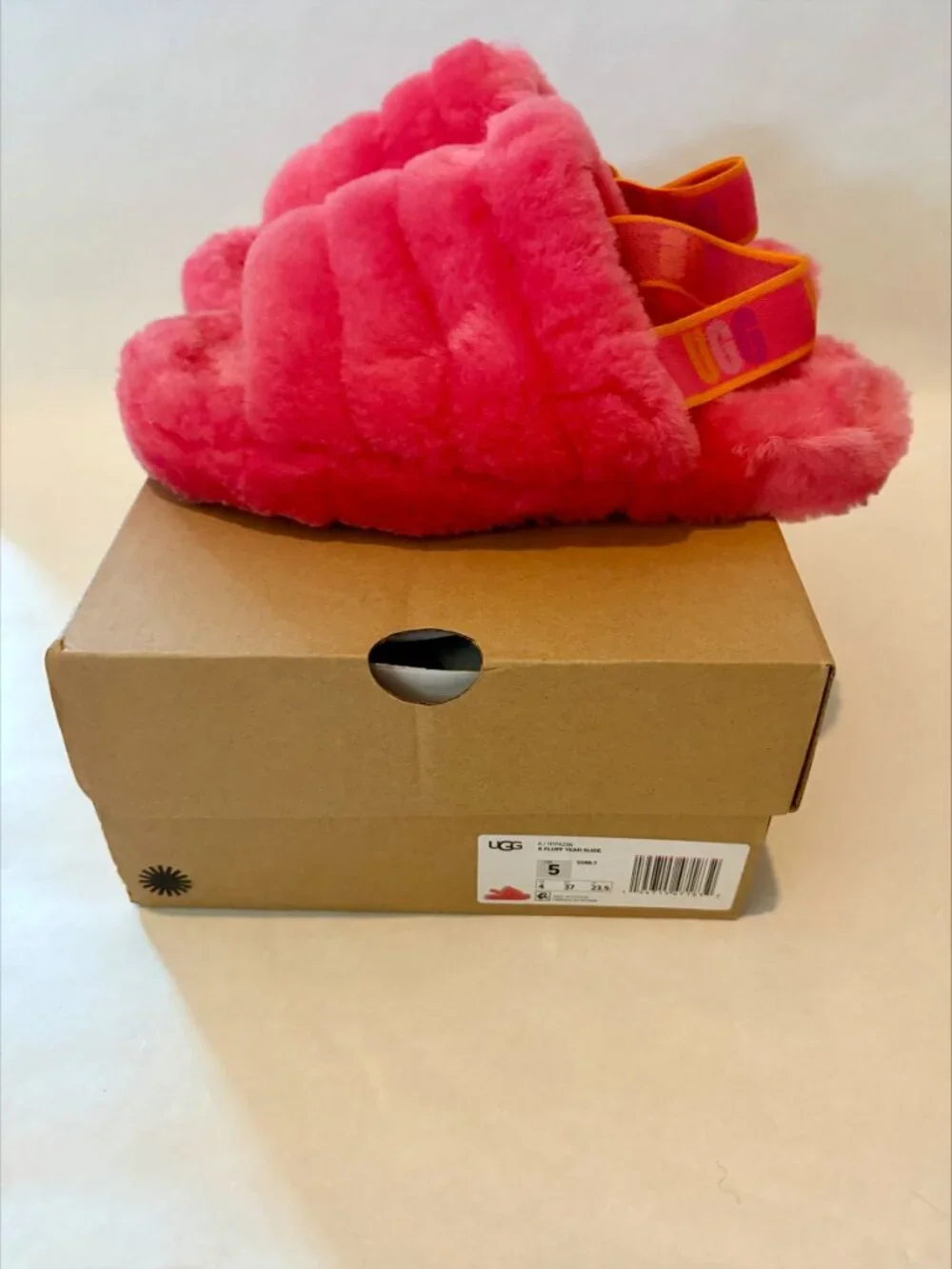 UGG Bright Pink Fuzzy Slingback Slippers Youth Size 5 with Box